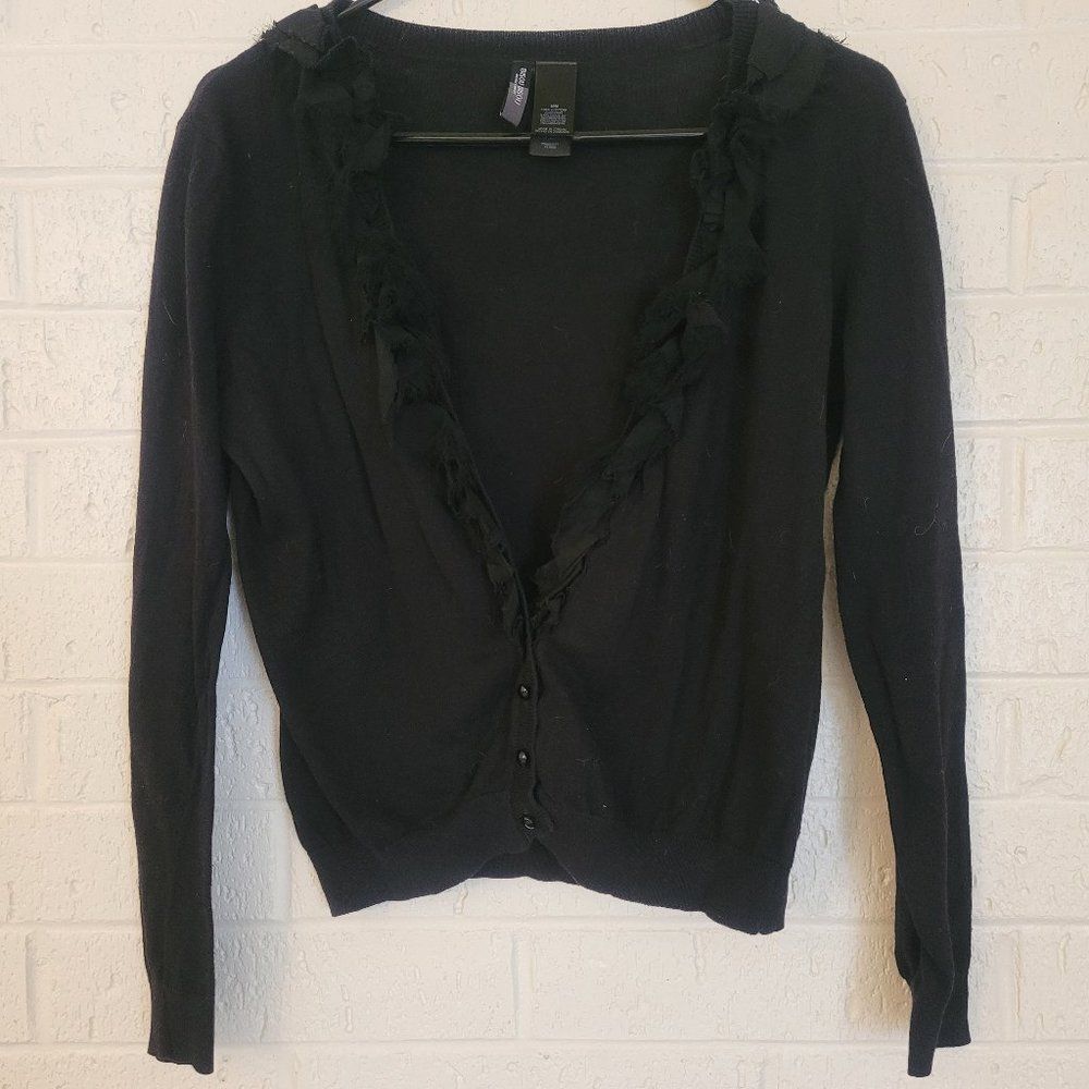 bisou bisou black shred frill button up business cardigan